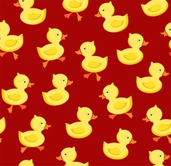 Ducklings, seamless pattern, color, red, vector. Yellow ducklings on a dark red field. Seamless pattern. Color, flat vector picture. Funny ducklings.  