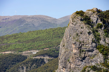 Vertical rock on a mountain with forest, Greece