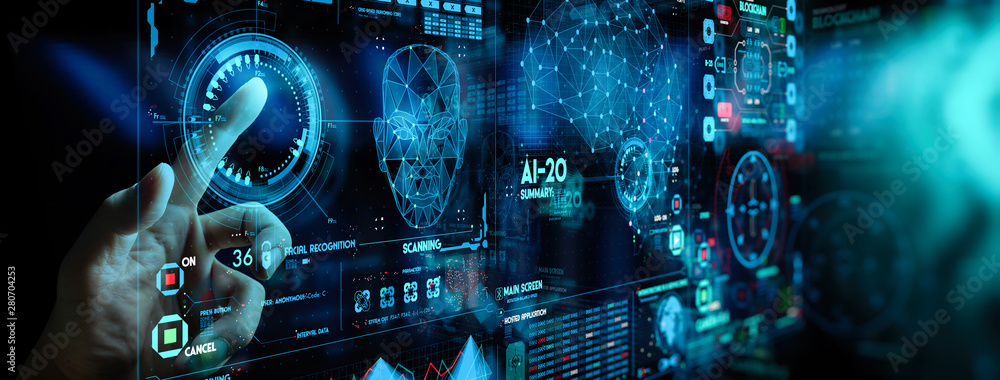 Poster Business hand working with cryptocurrency and Ai conputer interface.