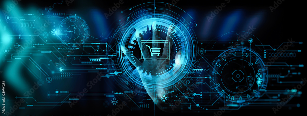 Poster Hand pushing virtual symbol of online shopping with modern UI computer and smart phone.