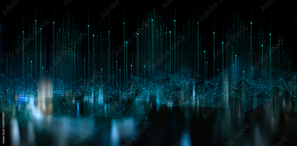 Poster Wireless network and Connection technology concept with Abstract Bangkok city background in panorama view