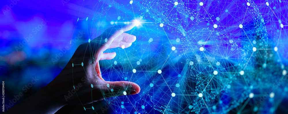 Aufkleber Hand touching Telecommunication network and wireless mobile internet technology  with 5G LTE data connection of global business, fintech, blockchain.