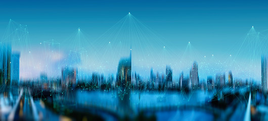 Obraz na płótnie Canvas Wireless network and Connection technology concept with Abstract Bangkok city background in panorama view