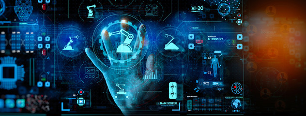 Engineer hand check and control welding robotics automatic arms icon with machine in intelligent factory automotive industrial with UI monitoring system software.