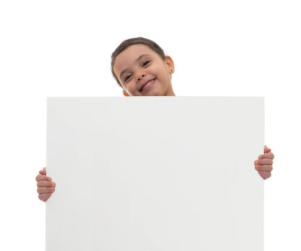 Young Smiling Girl Holding White Board with Copy Space, Advertisement Concept