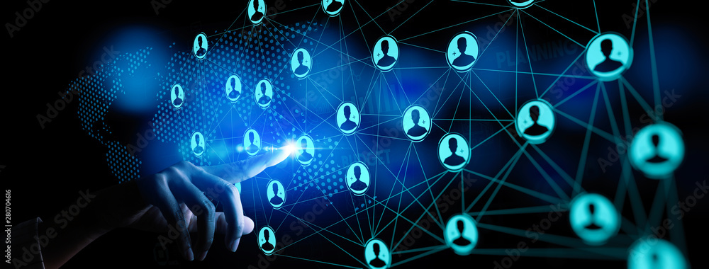 Fototapete Business hand working global structure networking and data exchanges customer connection with new computer Ui.