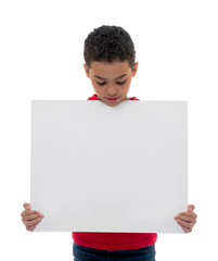 Young Boy Holding White Board with Copy Space, Advertisement Concept