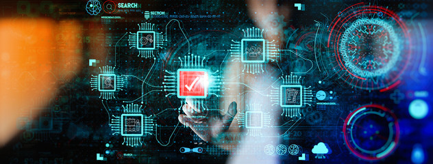 Analyst working with Business Analytics and Data Management System on computer to make report with...