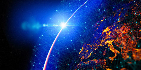 Communication technology for internet business. Global world network and telecommunication on earth cryptocurrency and blockchain and IoT. Elements of this image furnished by NASA