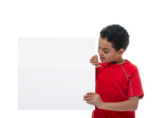 Young Smiling Boy Holding White Board with Copy Space, Advertisement Concept