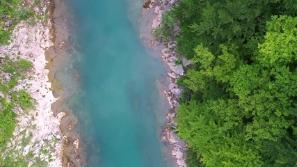 Flight of a quadcopter over a mountain's river canyon. We see the clear, transparent water of the river, it has the emerald color, the trees growing along the coast, and the mountains of northern Mont