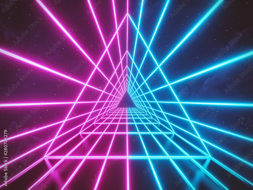 Poster blue and pink colored neon glowing triangle lines tunnel. futuristic abstract sci fi background. 3d 