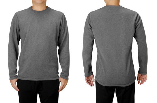 Man wearing gray long sleeve t-shirt isolated on white background. Front and back view.