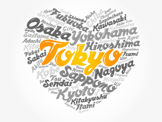 List of cities and towns in Japan composed in love sign heart shape, word cloud collage, business and travel concept background