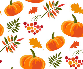 Vector autumn leaves and pumpkin, halloween pattern. Floral stock vector illustration