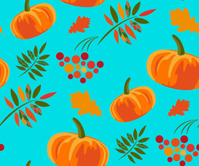 Vector autumn leaves and pumpkin, halloween pattern. Floral stock vector illustration