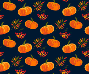 Vector autumn leaves and pumpkin, halloween pattern. Floral stock vector illustration
