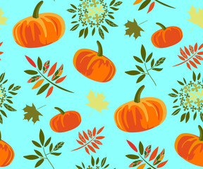 Vector autumn leaves and pumpkin, halloween pattern. Floral stock vector illustration