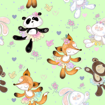 Seamless pattern with cute little animals . The Bunny the bear, fox and Panda. Ballerinas, Vector.
