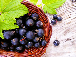 Fresh ripe currants berries. Blackcurrant fruit in brown bucket with green leaves on wooden background.  Summer healthy food. Juicy natural fruit. Close up, selective focus, vertical.