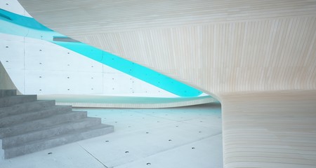 Abstract architectural wood and glass smooth interior of a minimalist house. 3D illustration and rendering.