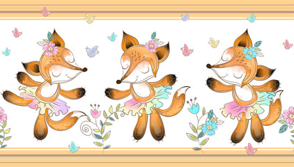 Seamless border. Foxes ballerina dancing. Vector Watercolor