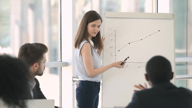 Positive woman business coach teaches company staff using white board