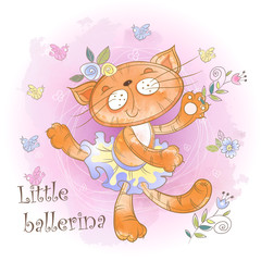 Cute kitty ballerina dancing. Little ballerina. Inscription. Watercolor Vector