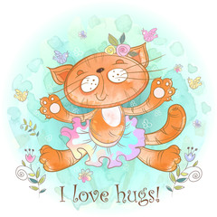 Kitty hug. Cat ballerina loves to cuddle. Vector. Watercolor.
