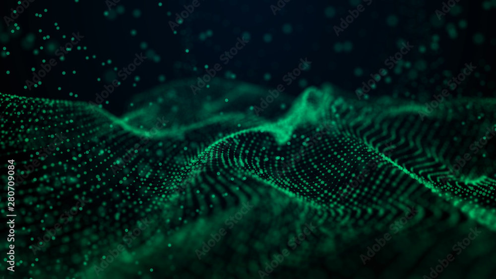 Fototapete Futuristic background of points and lines with a dynamic wave. Big data. Abstract background 3d rendering. 4k.