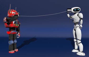 Two robots with tin can phones. 3d render