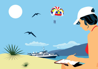 Girl paints the sea. The girl in the cap is engaged in drawing on the beach of the sea.