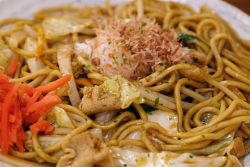 closeup stir fried yakisoba noodle