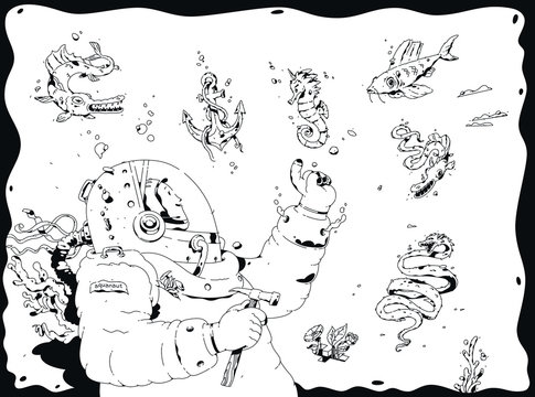 Illustration of a diver, aquanaut. Vector. The explorer of the ocean depths surrounded by marine inhabitants. Outline cartoon, black and white style. Fishes meet scientist discoverer.