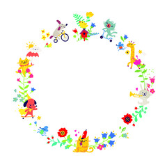 Illustrations in the form of a round wreath. Vector. Animals children play among flowers. Children's cartoon, doodle style. Kindergarten. Circulation and round dance. Summer, spring and positive mood.