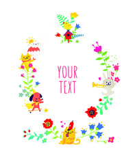 Drawn animals and floral elements. Vector. Animals play among flowers. Children's cartoon, doodle style. Illustration for kindergarten or club. Summer, spring and positive mood.