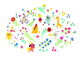 Illustration of a pattern of flowers and funny animals. Vector. Cartoon style. Floral elements for cards or greetings. Children's cosmetics, clothing, club. Flower ornament.