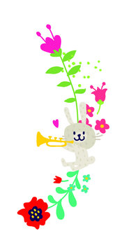 Illustration of a trumpet bunny. Vector. Rabbit in colors. Children's cartoon, doodle style. Illustration for postcard or congratulations. Institutions for children.