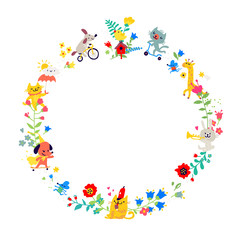 Illustrations in the form of a round wreath.  Animals children play among flowers. Children's cartoon, doodle style. Kindergarten. Circulation and round dance. Summer, spring and positive mood.