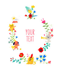 Drawn animals and floral elements.  Animals play among flowers. Children's cartoon, doodle style. Illustration for kindergarten or club. Summer, spring and positive mood.