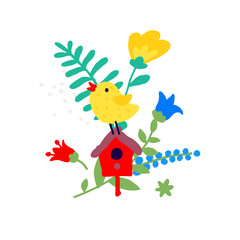 Illustration of a bird on a birdhouse among the lights.  Ikebana bouquet. Children's cartoon, doodle style. Illustration for kindergarten or club. Summer, spring and positive mood.