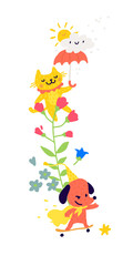 Illustration of a cat with an umbrella and dogs on a skateboard.  Animals among the flowers. Children's cartoon, doodle style. Illustration for kindergarten or club. Institutions for children.