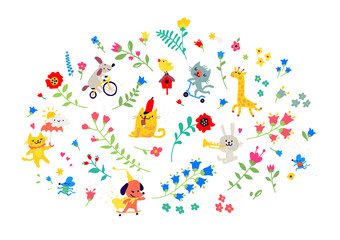 Illustration of a pattern of flowers and funny animals. Cartoon style. Floral elements for cards or greetings. Children's cosmetics, clothing, club. Flower ornament.