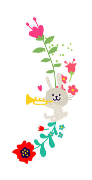 Illustration of a trumpet bunny.  Rabbit in colors. Children's cartoon, doodle style. Illustration for postcard or congratulations. Institutions for children.
