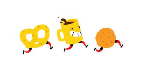 Illustration of running snacks. Vector. Characters cup of coffee, cookies, bagel. Icons for the site on a white background. Sign, logo for a shop, confectionery, coffee house or bakery. Food delivery.