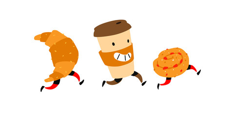 Illustration of running snacks. Vector. Characters glass of coffee, croissant, bun. Icons for the site on a white background. Sign, logo for a shop, confectionery, coffee house or bakery. Food deliver