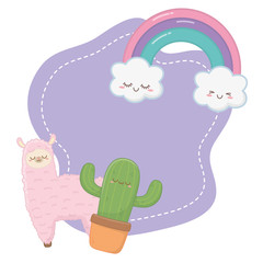 Kawaii of llama with cactus cartoon design