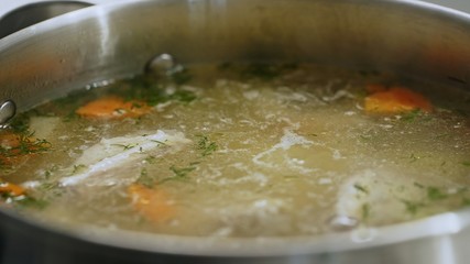 Boiling pot of soup with carrots and herbs