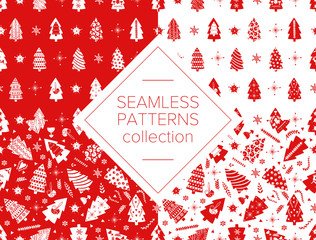 Naklejka na ściany i meble Red simple Christmas fir tree for holiday celebrations Scandinavian Nordic style. Christmas, new year decors. Seamless pattern, simple decoration hand drawn