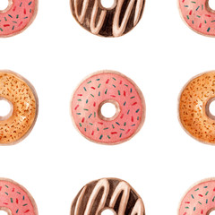 Seamless pattern. Watercolor sweet donut. Hand drawn dessert illustration. Design fabric, packaging